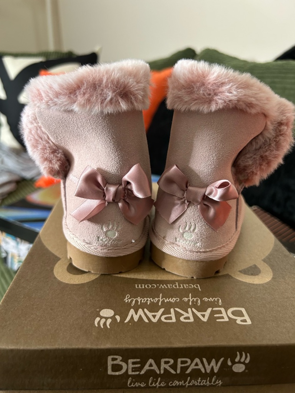BearPaw Kids Blush Pink Faux-Fur Bow Ankle Boots